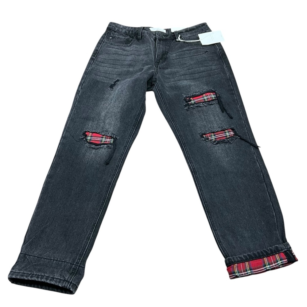 NWT KanCan Black Distressed Jeans Streight Buffalo Red Plaid Patches – Size 29